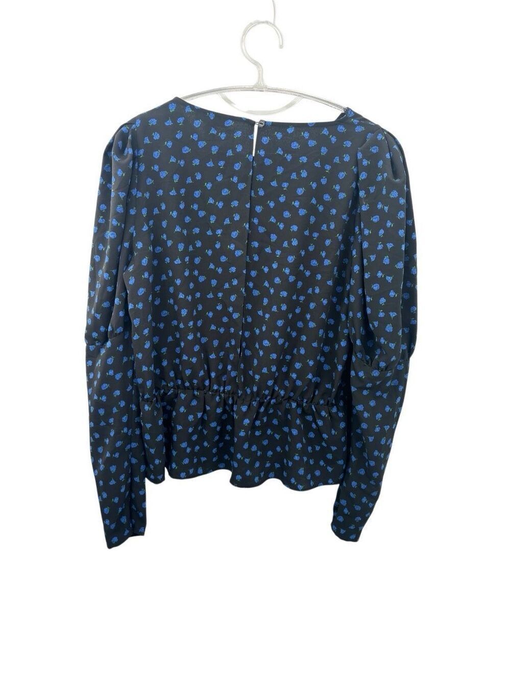 Topshop long sleeve blouse open back black with blue roses puff sleeve